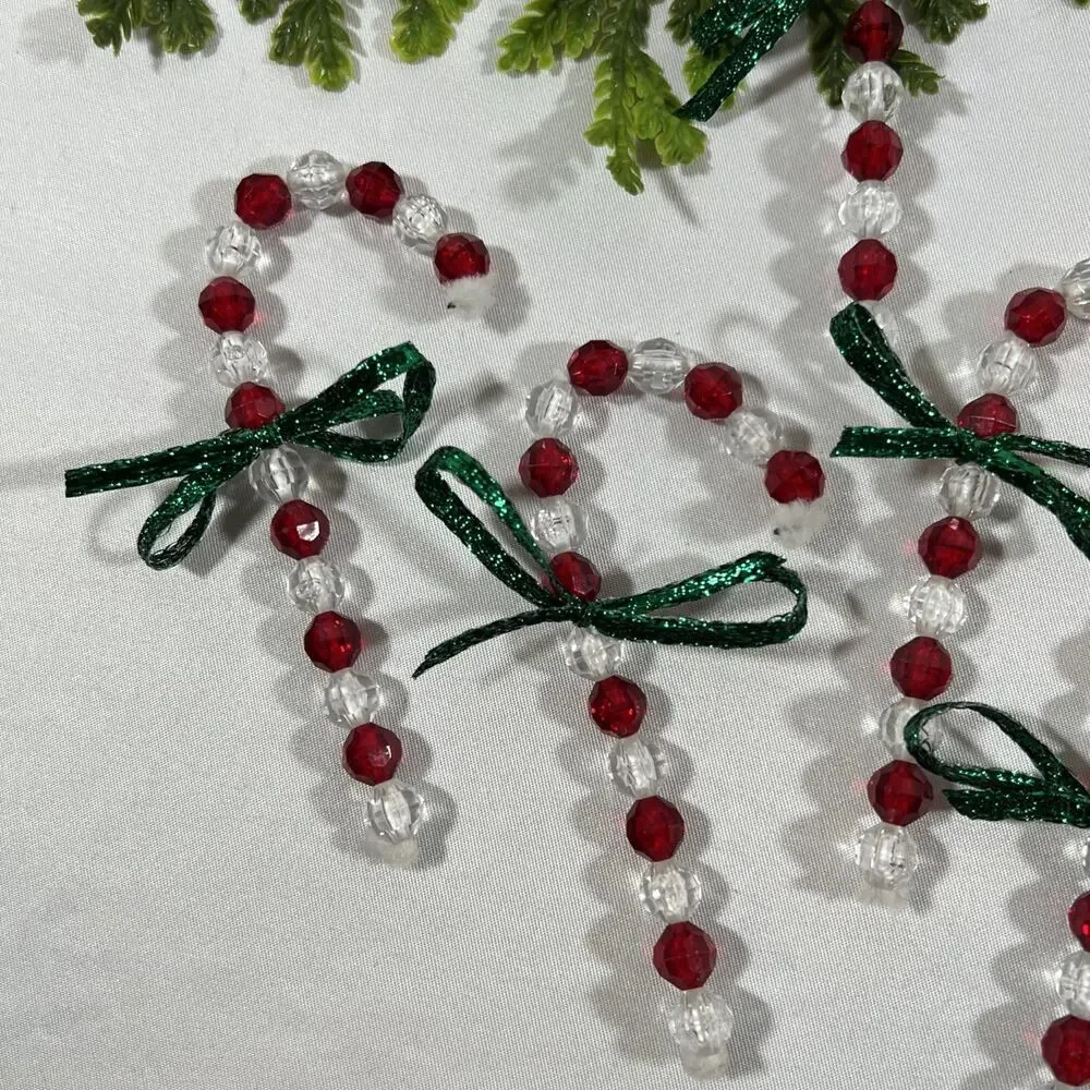 Vintage Beaded Candy Canes on Chenille Stems* Dark Red w/ Green Bows Set of 7